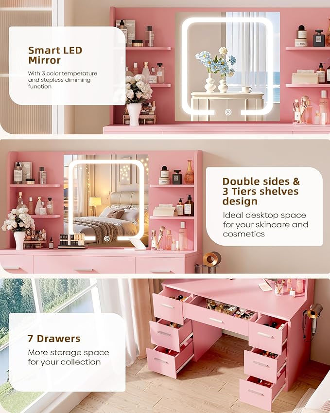 Large Makeup Vanity Desk, 43.3“W x 15.7”D x 53.2“H, Pink (Large Desktop, Samrt LED Mirror, 4 Open Shelves, 7 Drawers, Hairdryer Rack, Power-Outlet, No Cushion Stool Included)