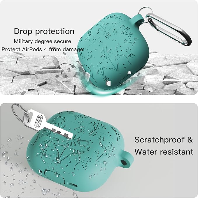 DamonLight Flora Engraved Case for AirPods 4 Cover Shock-Proof Protective Silicone Case with Keychain for Apple Airpods 4th Generation 2024 Released (Forest Green)