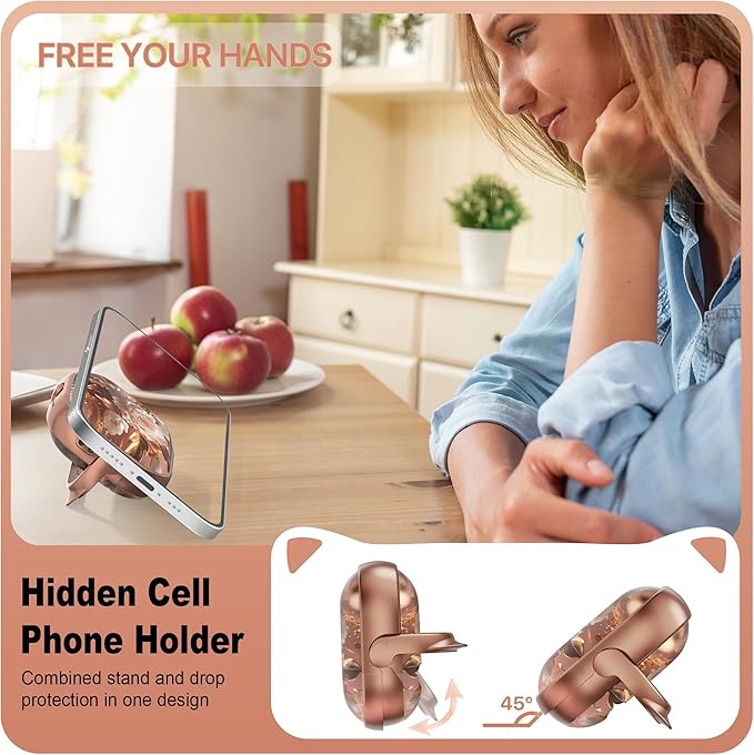 RFUNGUANGO AirPods 4 Case for Women Girly Cat Case with Lock, Phone Stand, Keychain & Cleaner Kit, Compatible with Apple Airpods 4th Generation Case Cover, Rose Gold Peony