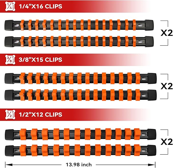 ALOANES 12PC ABS Socket Organizer, Socket Rails Fit 1/2 inch, 3/8 inch and 1/4 inch Drive, Heavy Duty Socket Holders Hold up to 172 Sockets, Black Rails with Orange Clips