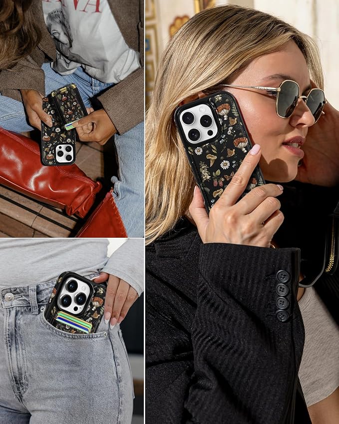 Shorogyt for iPhone 16 Pro Case Wallet - Fits 5 Cards, Compatible with Magsafe Detachable Magnetic Credit Card Holder Leather Cardholder Cute Phone Cover Women Girls for Apple 16Pro, Mushroom