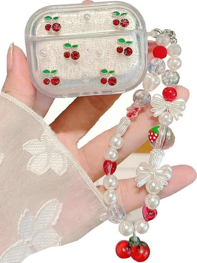 JANDM 3D Cherry Case with Keychain for AirPods Pro 3,Clear Diamonds Aesthetic Shockproof Cover with Cute Pearl Strap for Women Girls Protective Cover