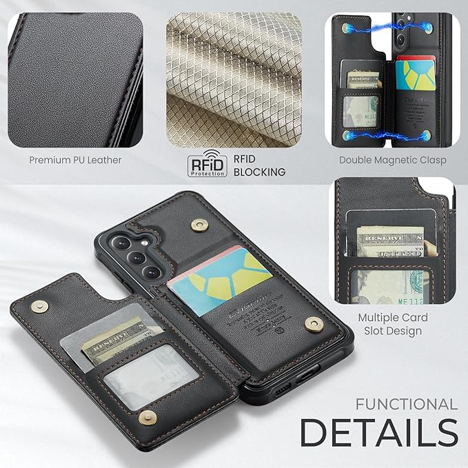 Bemal for Samsung Galaxy S24 Wallet Case with Card Holder, RFID Blocking, Shockproof Leather Kickstand for Men and Women, Durable Protective Phone Cover for 6.2", Black