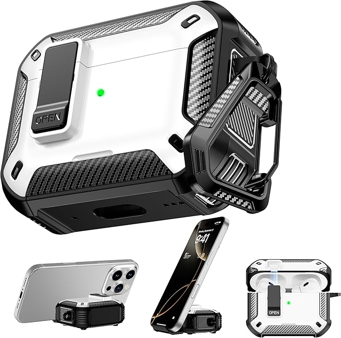RFUNGUANGO Compatible with Airpods Pro Case 2nd / 1st Generation Protective Case, Compatible with MagSafe, with Cleaning Kit & Keychain,Phone Stand,Magnetic Automatic Lock, Visible LED, White
