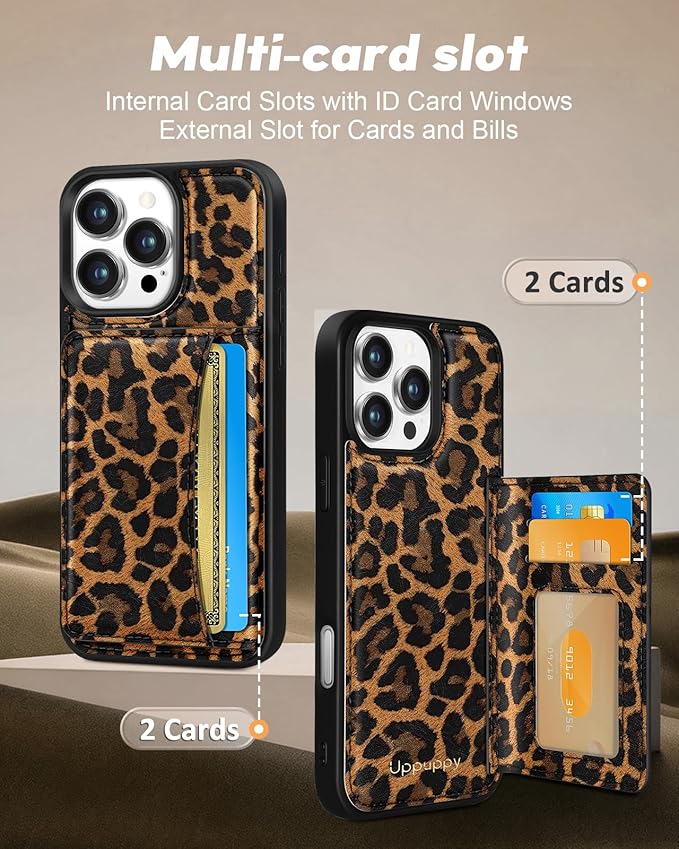 for iPhone 14 Pro Case with Wallet - Fits 4 Card Slots, Compatible with MagSafe for Women Aesthetic Durable PU Leather Credit Card Holder Kickstand Phone Cover for Apple 14 Pro, Leopard