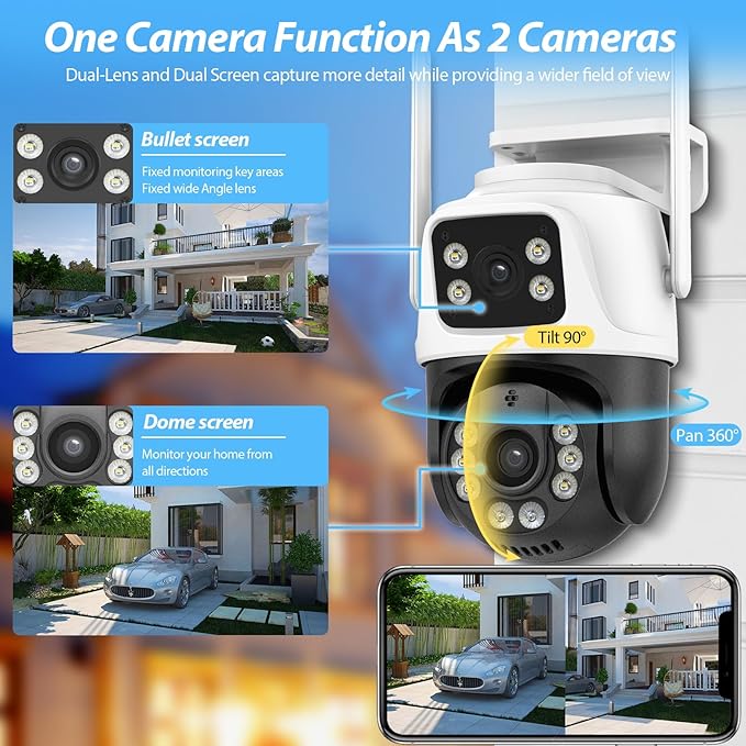 6MP Security Camera Outdoor, 360°PTZ Surveillance System, Dual Lens Security Camera 2.4Ghz 24/7 Record IP66 WiFi Camera for Home Security with Motion Detection, Color Night Vision,Two-Way Audio（White）
