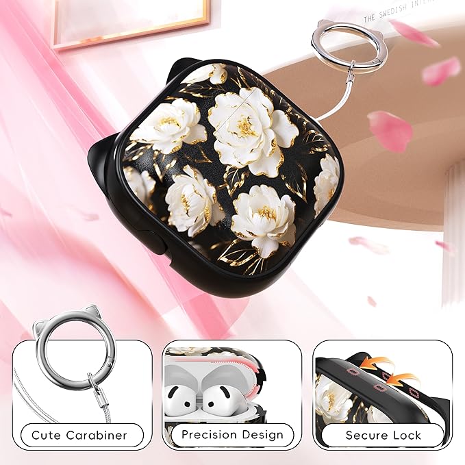 for AirPods 4 Case with Cleaning Kit, Cute Cat Ear Print Design & Cute Buckle, Inverted Phone Holder Design, Top Safe Lock Buckle Design, for Girls AirPods 4 case 2024, Black Peony