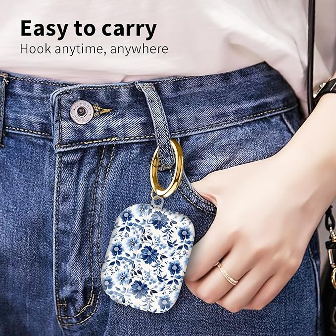Compatible with Airpod pro 2nd/1st Generation Case Cover with Gold Round Keychain Cute Pattern Hard & Anti Slip Cover for Men Women & Girls（Blue and White）