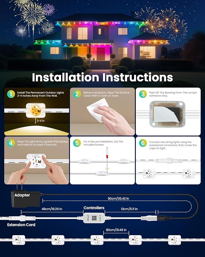 KISUFU 100FT Permanent Outdoor Lights for House, 24V RGB+IC Smart Outside Lights with 221 Modes, App & Remote Control, IP68 Waterproof, Year-Round Roof & Eaves Lighting for Christmas, Holidays (100FT)