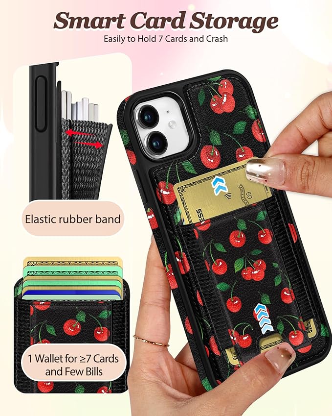Shorogyt for iPhone 11 Wallet Case - Fits 5 Cards, Compatible with Magsafe Detachable Magnetic Credit Card Holder Leather Cardholder Cute Phone Cover Women Girls for Apple 11, Cherry