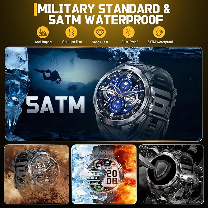 Military Smart Watch for Men with 1100 mAh Battery/LED Flashlight, 1.7" Rugged Tactical Smartwatch with Text and Call/Compass, 5ATM Waterproof Fitness Tracker with HR/Sleep Monitor for iPhone Android