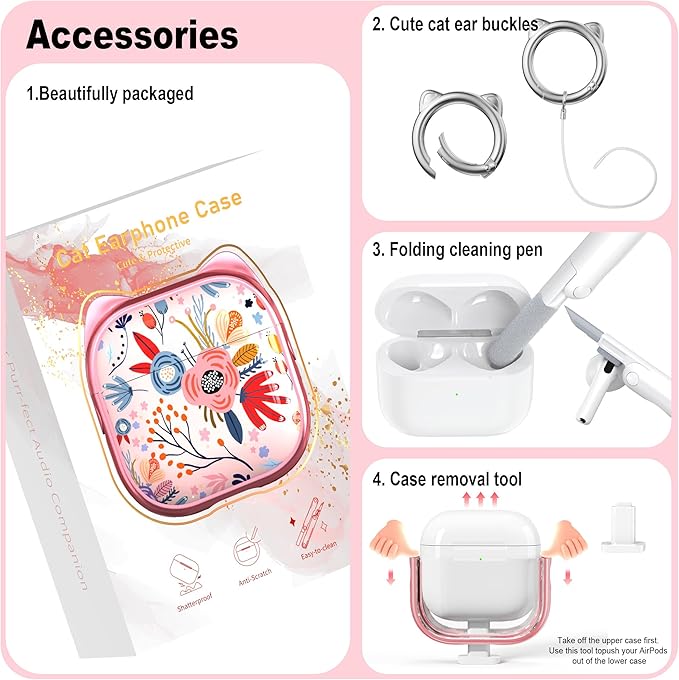 RFUNGUANGO AirPods 4 Case for Women Girly Cat Case with Lock, Phone Stand,Keychain & Cleaner Kit, Compatible with Apple Airpods 4th Generation Case Cover, Transparent Pink
