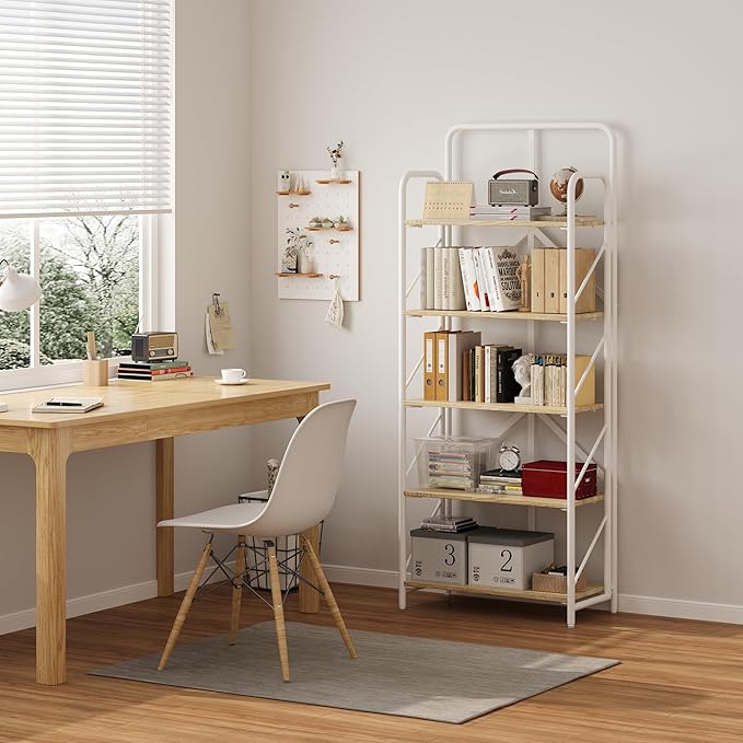 JSB 5 Tier No Assembly Folding Bookshelf, Foldable Storage Bookcase for Home Office, Space-Saving Storage Shelf for Living Room, Bedroom (White, 5-Tier)