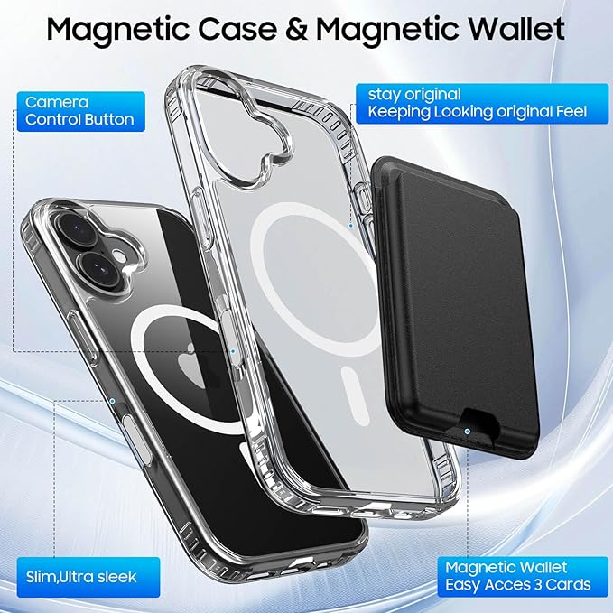 Magnetic for iPhone 16 Clear Case with Black Detachable Wallet, Compatible with MagSafe, Credit Card Holder with Slim Shockproof Protective Phone Cover