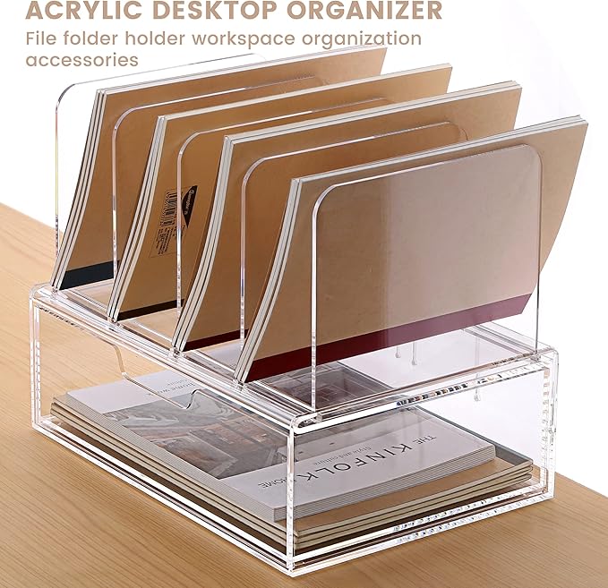 DINGHUO Acrylic Desk Organizer, 4 Sections Upright Sorter Desk Accessories Paper File Organizer with Drawer Letter Tray, Clear Office Supplies - 1 Pack