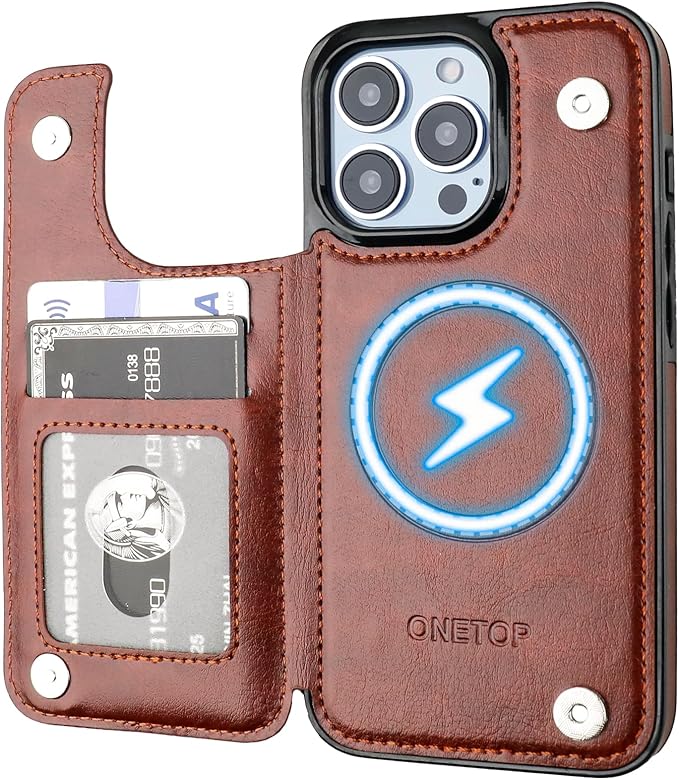 ONETOP Compatible with Magsafe for iPhone 13 Pro Wallet Case with Card Holder, PU Leather Kickstand RFID Blocking Case, Double Magnetic Clasp and Durable Shockproof Cover 6.1 Inch (Brown)