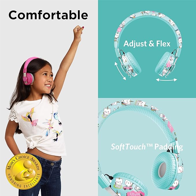 LilGadgets Untangled Pro Kids On-Ear Headphones - Bluetooth Wireless Headphones – Volume-Limited to 93 dB with Built-in Sharing Port (Rainbow Cat)