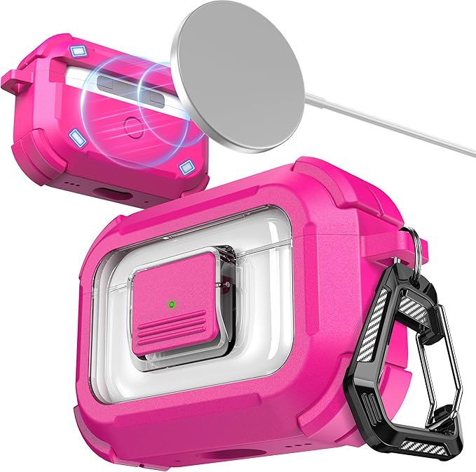 RFUNGUANGO for AirPods Pro 3 Case, Compatible with AirPods Pro 3 Generation Case (2025), Compatible with MagSafe, Magnetic Automatic Lock with Cleaner Kit and Keychain, Front LED Visible, Rose Red