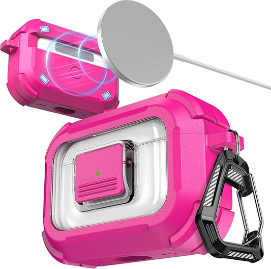 RFUNGUANGO for AirPods Pro 3 Case, Compatible with AirPods Pro 3 Generation Case (2025), Compatible with MagSafe, Magnetic Automatic Lock with Cleaner Kit and Keychain, Front LED Visible, Rose Red