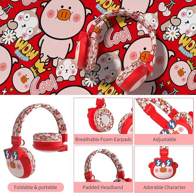 Kids Bluetooth Headphones, 85dB Volume Limit, Ultra-Soft Over-Ear, Built-in Mic, Foldable, Beerus Cartoon Animal Design, Suitable for School & Travel, FM/TF/AUX Supported