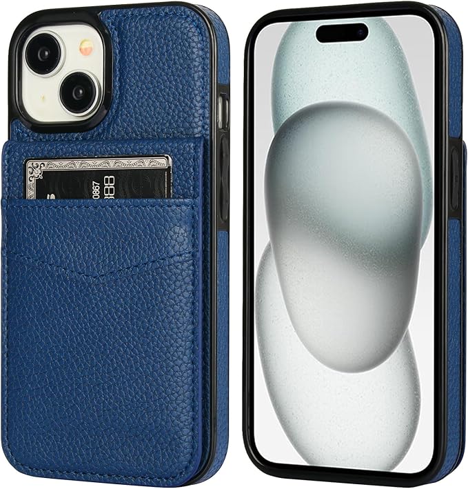 KIHUWEY Compatible with iPhone 15 Case Wallet with Credit Card Holder, Flip Premium Leather Magnetic Clasp Kickstand Heavy Duty Protective Cover for iPhone 15 6.1 Inch (Lichee Blue)