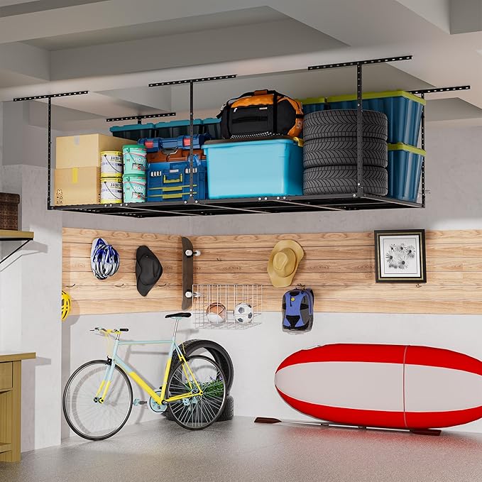 4 x 8 FT Overhead Garage Storage Rack, Adjustable Ceiling Storage Racks, Garage Shelving Heavy-duty Storage Organizer System, Load 700LBS Weight(Black)