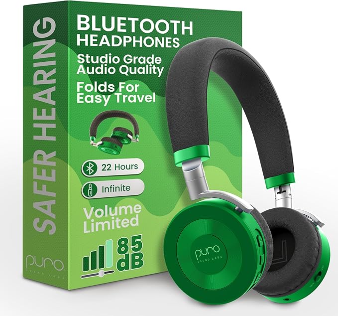 Puro Sound Labs JuniorJam Plus Volume-Limiting Wireless Bluetooth Headphones for Kids, Secure Audio with Adjustable On-Ear Design, 22-Hour Battery Life, Ideal for Tablets, Smartphones & PCs - Green