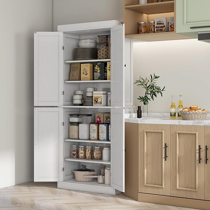 HOMCOM 72.5" Freestanding Kitchen Pantry Cabinet, Tall Storage Cabinet with 4 Doors and 2 Adjustable Shelves for Dining Room, White Wood Grain