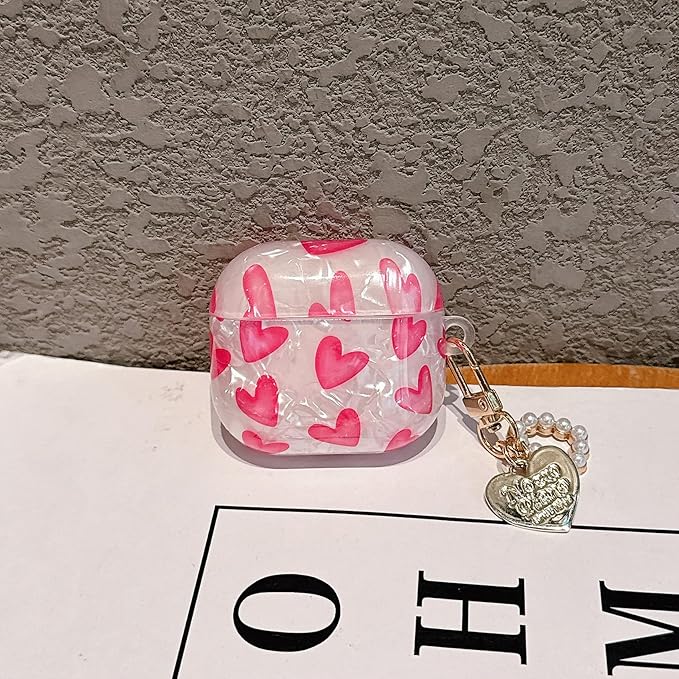for Airpod 4 Case Cute Romantic Love Shell Pearl Protective Cover with Keychain Compatible with Airpods 4th Generation Case 2024 for Girls Women (Hot Pink Hearts)