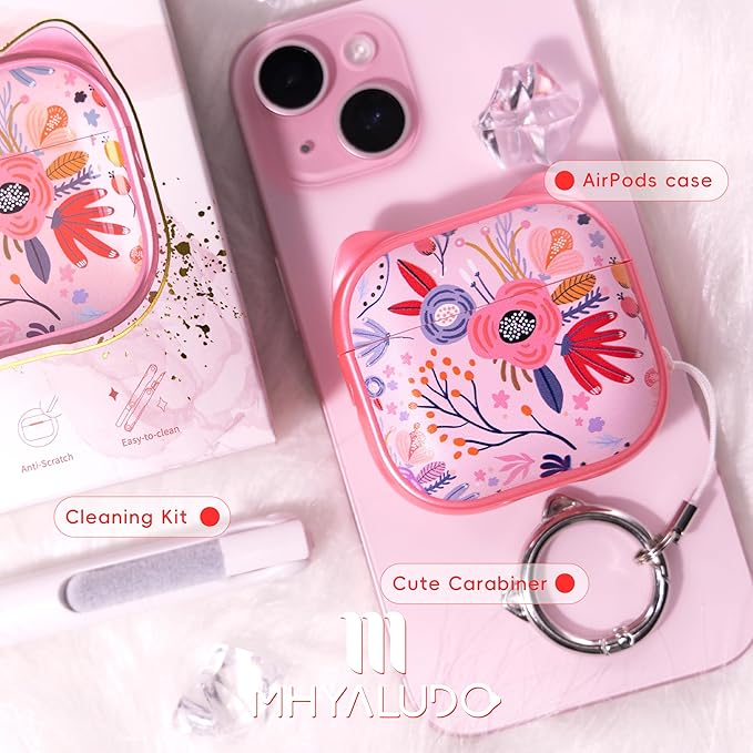 for AirPods 4 Case with Cleaning Kit, Cute Cat Ear Print Design & Cute Buckle, Inverted Phone Holder Design, Top Safe Lock Buckle Design, for Girls AirPods 4 case 2024, Pink Flower