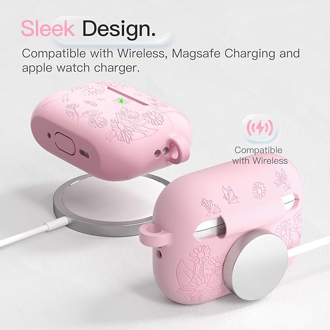 for AirPods Pro 3 Case (2025) DamonLight Daisy Floral Engraved Shockproof Protective Soft Silicone Case Cover with Cleaning Pen and Keychain for Apple Airpods Pro 3rd Generation (Pink)