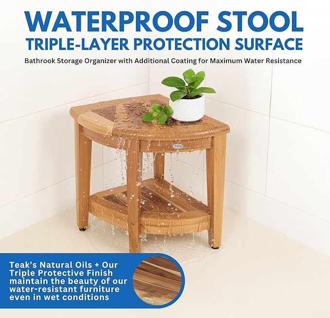EcoDecors Teak Shower Corner Caddy 18" – Waterproof Wood Storage Organizer with Built-in Shelf and Adjustable Feet - Ideal for Small Bathrooms & Walk-in Showers - Indonesian Teak
