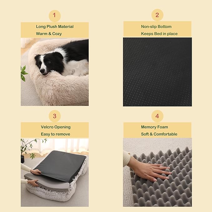 Orthopedic Dog Bed for XL Dogs - Washable Memory Foam Pet Sofa, Fluffy Plush Rectangular Bed, Waterproof Anti-Anxiety Couch, Khaki, XL