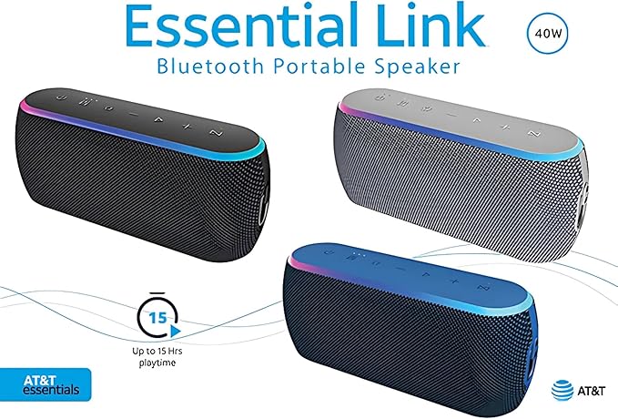 AT&T Essentials 40W Portable Bluetooth Speaker – IPX6 Waterproof, Wireless Dual Pairing, 15H Playtime, Removable Strap/Handle – Home/Kitchen/Outdoor Use (Black)