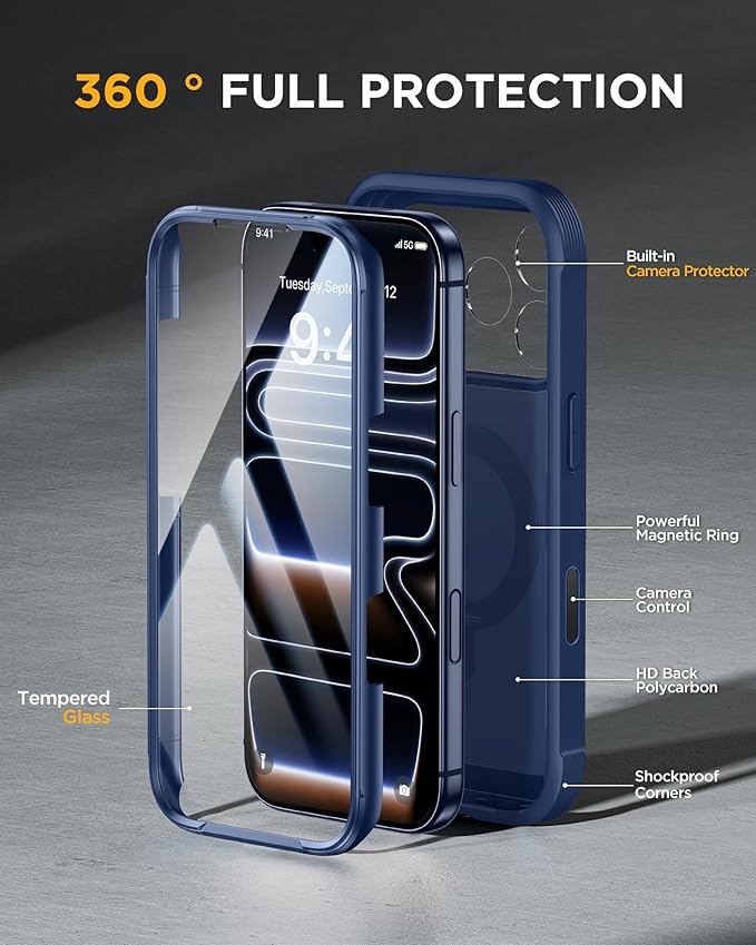 Miracase for iPhone 17 Pro Case with 360 Spin Magnetic Stand, Full-Body Phone Case with Built-in Glass Screen Protector & Camera Control, Drop Proof iPhone 17 Pro Cover, Dark Blue