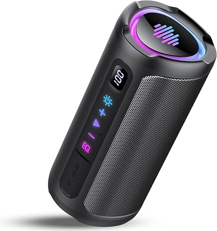 Portable Bluetooth Speaker with Battery Level Display, Powerful Sound Wireless Speaker: Deep Bass, BT 5.4, 20H Playtime, 7 RGB Modes, IPX7 Waterproof, TWS Pairing, Beach/Vacation Essentials（Black）