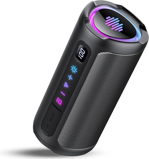 Portable Bluetooth Speaker with Battery Level Display, Powerful Sound Wireless Speaker: Deep Bass, BT 5.4, 20H Playtime, 7 RGB Modes, IPX7 Waterproof, TWS Pairing, Beach/Vacation Essentials（Black）