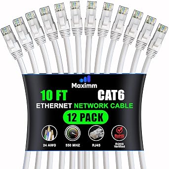 Maximm Cat6 Ethernet Cable 10 Ft, 10 Gbps 550 MHz, White, 12 Pack