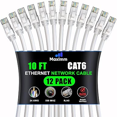 Maximm Cat6 Ethernet Cable 10 Ft, 10 Gbps 550 MHz, White, 12 Pack