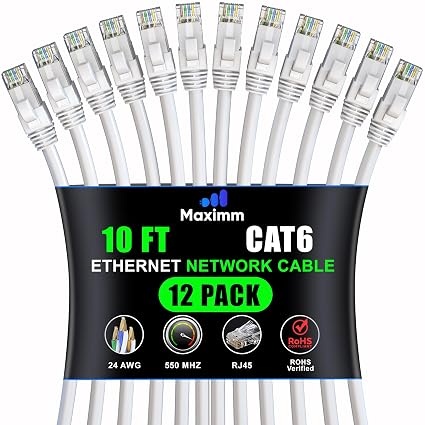 Maximm Cat6 Ethernet Cable 10 Ft, 10 Gbps 550 MHz, White, 12 Pack