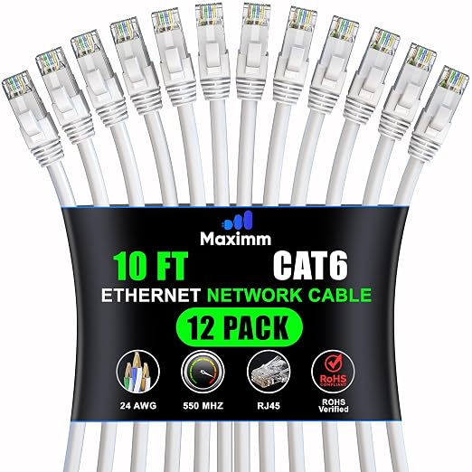 Maximm Cat6 Ethernet Cable 10 Ft, 10 Gbps 550 MHz, White, 12 Pack