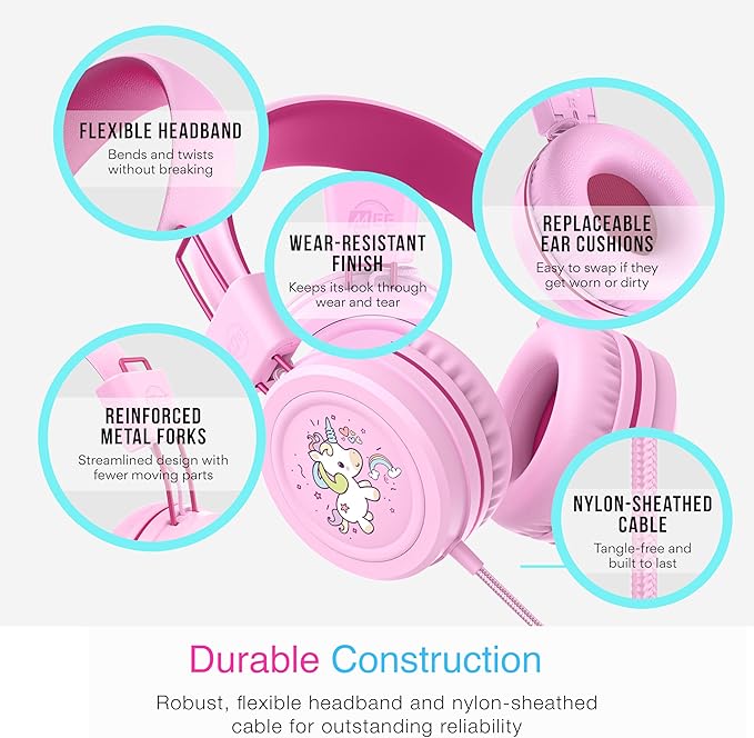 MEE audio KidJamz KJ55 Wired Children’s Headphones with 3.5mm Plug, Colorful Graphics, Volume Limiter & Microphone, Adjustable On-Ear Kids Headset for Online Learning/School/Travel/Tablet (Pink)