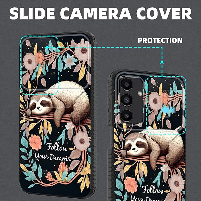 for Galaxy A16 5G Case Built in Slide Camera Lens Cover,Heavy Duty Shockproof Protection Dual Layer Case for Samsung Galaxy A16 5G 6.7" 2024,Cute Baby Sloth On The Tree