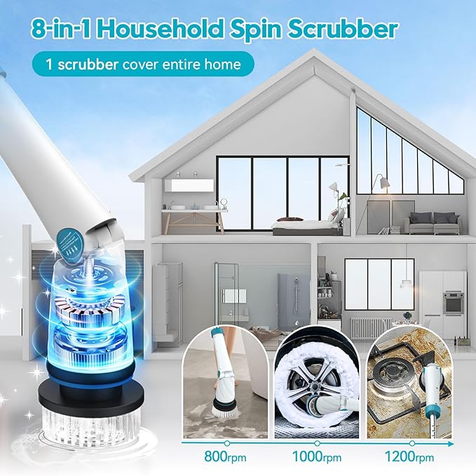 Battery Electric Scrubber for Cleaning Bathroom,1200RPM 21V Spin Scrubber Electric Spin Brush for Cleaning, 50'' Cordless Power Shower Scrubber W/ 8 Brushes for Grout Tile Tub Floor