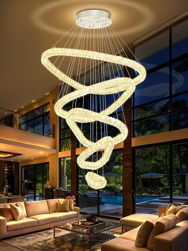 Flashing God H118 Modern Large Chandelier for Foyer 5 Rings Crystal Chandelier Stairway Chandeliers LED Dimmable Crystal Pendant Light for Living Room Entrance Hallway Sliver ﻿