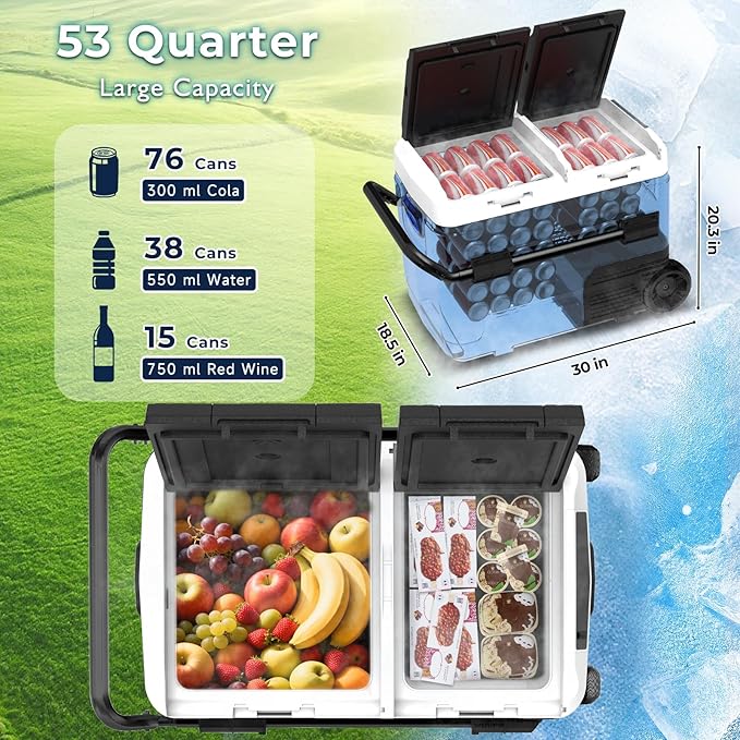 AS 12 Volt Refrigerator, 53QT(50L) Dual Temperature Zone Electric Cooler with Wheels, Portable Freezer 12V/24V DC 110-240V AC, -4℉-68℉ Car Fridge for Car, Marine, Home, Outdoor, etc