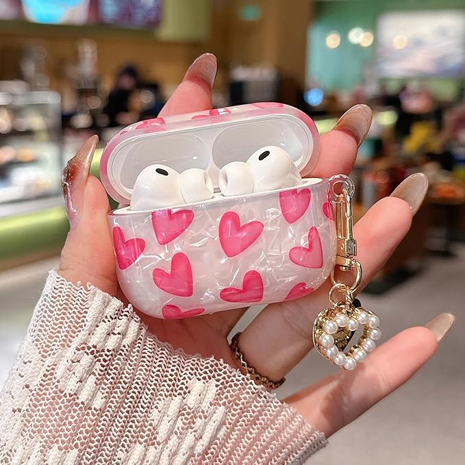 for Airpod Pro 3 Case 2025 Cute for Girls Women Romantic Love Shell Pearl Protective Cover with Keychain Compatible for Airpods Pro 3rd Generation Case (Hot Pink Hearts)