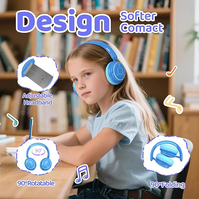 MIDOLA Headphones Kids Wireless Bluetooth Volume Limited 85/110dB Over Ear Foldable Noise Protection Headset/Wired Inline Cable Aux 3.5mm Mic for Child Boy Girl Pad TabletTravel School Blue