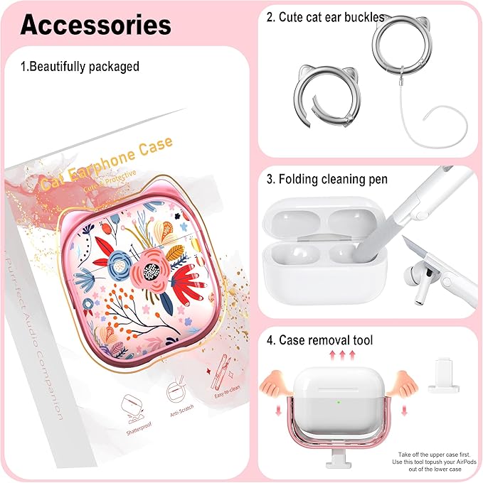 RFUNGUANGO AirPods Pro Case for Women Girly Cat Case with Lock, Phone Stand, Keychain & Cleaner Kit, Compatible with Apple Airpods Pro 2nd/1st Generation Case Cover, Transparent Pink