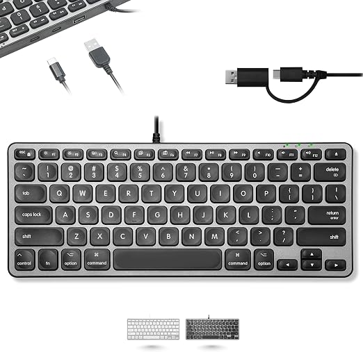 Macally Wired Keyboard for Mac with USB Hub (2X USBC / 1x USBA) - Compatible Small Apple Keyboard with 2 in 1 USB Plug - for MacBook Pro/Air, Mac mini, iMac